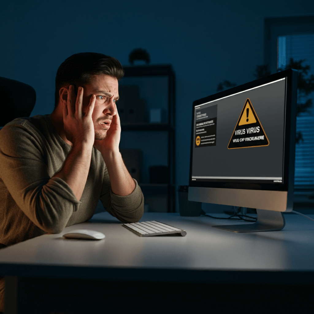 a man in front of a computer is seen here having a problem with his computer that contains a virus