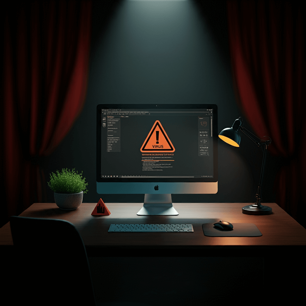 a mac computer with a warning of a virus