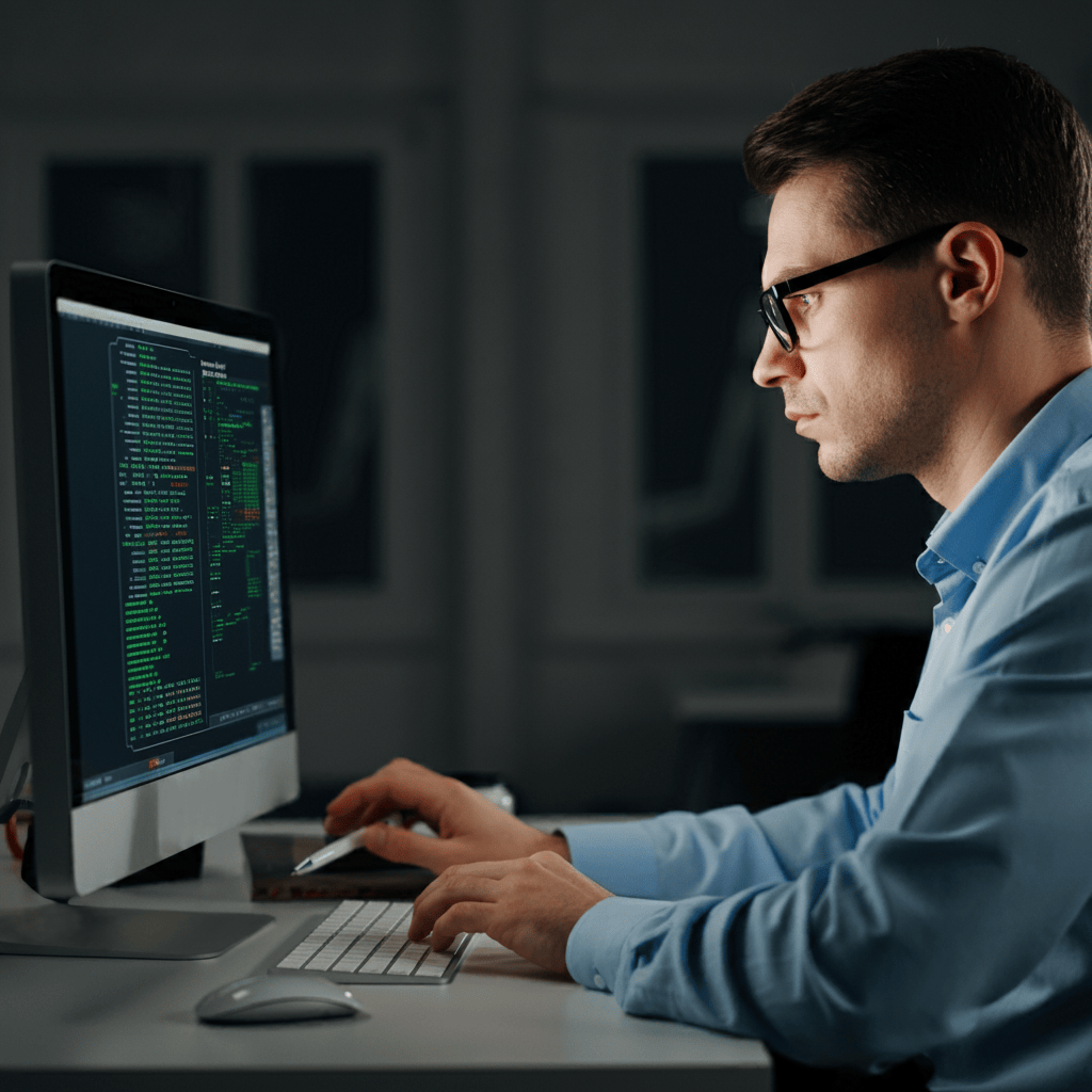 a man in front of a computer recovering some lost files and data