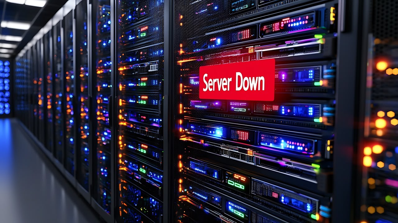 downtime an image of servers in a rack with a statement saying server down