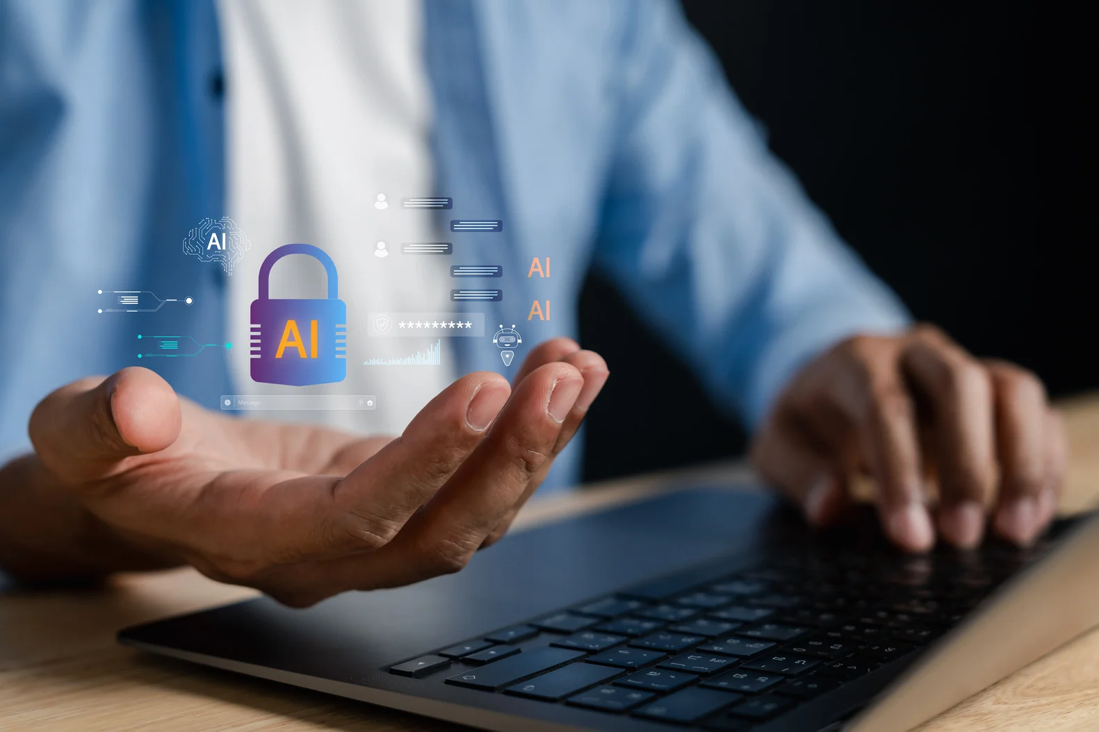 a man in front of his laptop raising his hand with an AI graphic underlaed in a padlock
